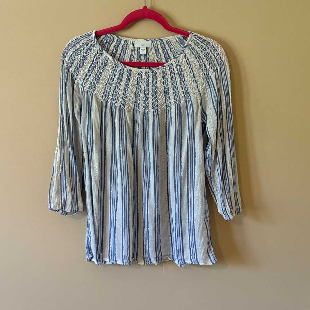 J. Jill Blue and Cream Striped Linen Shirt with Metallic Thread, Small